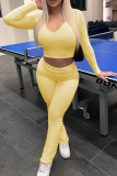 Yellow Casual Solid Color Patchwork V Neck Long Sleeve Two Pieces