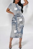 The cowboy blue Casual Faux Denim Print Basic O Neck Short Sleeve Short Sleeve Dress