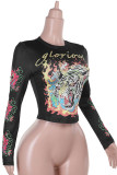 Black Casual Print Patchwork O Neck Tops