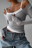 Grey Casual Solid Color Patchwork Backless Off Shoulder Tops