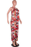 Red Sexy Print Tie-dye Without Belt Asymmetrical One Shoulder Loose Jumpsuits