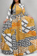 Yellow Elegant Geometric Print Flowers Lace Up Contrast O Neck Printed Dresses