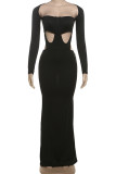 Black Elegant Solid Color Hollow Out Patchwork Square Neck One Step Skirt Dresses