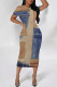 Blue Coffee Casual Street Faux Denim Print Contrast O Neck Printed Short Sleeve Dress