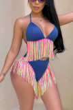 Purple Euramerican Patchwork Tassel Fringed Milk Fiber Two-piece Swimwear
