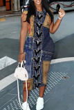 The cowboy blue Casual Faux Denim Print Basic O Neck Short Sleeve Short Sleeve Dress