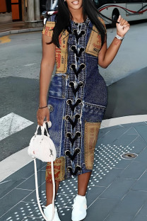 Deep Blue Casual Faux Denim Print Basic O Neck Short Sleeve Short Sleeve Dress