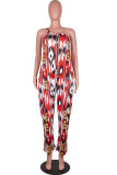 Red Sexy Print Tie-dye Without Belt Asymmetrical One Shoulder Loose Jumpsuits