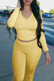 Yellow Casual Solid Color Patchwork V Neck Long Sleeve Two Pieces