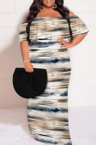 Beige Sexy Street Floral Print Stripe Ruffle Contrast Off Shoulder Printed Plus Size Dresses