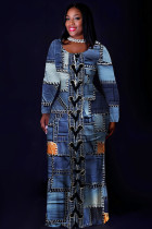 Blue Casual Faux Denim Print Basic O Neck Long Plus Size Dresses