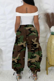 Army Green Casual Camouflage Print Draw String Pocket Patchwork Strap Design Harlan Mid Waist Harlan Full Print Bottoms