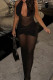 Black Sexy Solid Color Patchwork See-Through Backless Strap Design Halter Long Dresses