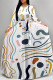 White Elegant Geometric Print Flowers Lace Up Contrast O Neck Printed Dresses