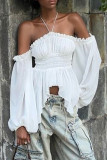 White Sexy Solid Color Patchwork Backless Off Shoulder Tops