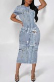 Royal Blue Casual Faux Denim Print Basic O Neck Short Sleeve Short Sleeve Dress
