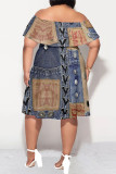 Blue Coffee Sexy Faux Denim Print Contrast Off Shoulder Printed Plus Size Dresses