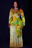 Orange Casual Print Basic O Neck Long Plus Size Dresses
