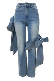 Blue Street Solid Color Pocket Buttons Patchwork Strap Design Zipper High Waist Loose Denim Jeans