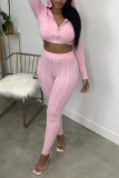 Pink Casual Solid Patchwork Hooded Collar Long Sleeve Two Pieces