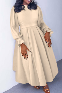 Apricot Elegant Solid Color Patchwork Ruched O Neck A Line Plus Size Dresses