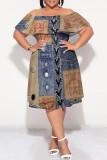 Blue Coffee Sexy Faux Denim Print Contrast Off Shoulder Printed Plus Size Dresses