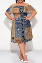 Dark Blue Sexy Faux Denim Print Contrast Off Shoulder Printed Plus Size Dresses