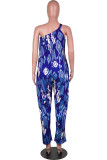Red Sexy Print Tie-dye Without Belt Asymmetrical One Shoulder Loose Jumpsuits