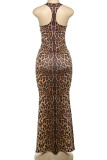 Leopard Print Elegant Leopard Print Patchwork Backless Halter Long Dresses