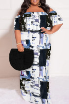 White Sexy Street Floral Print Stripe Ruffle Contrast Off Shoulder Printed Plus Size Dresses