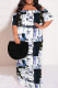 White Sexy Street Floral Print Stripe Ruffle Contrast Off Shoulder Printed Plus Size Dresses