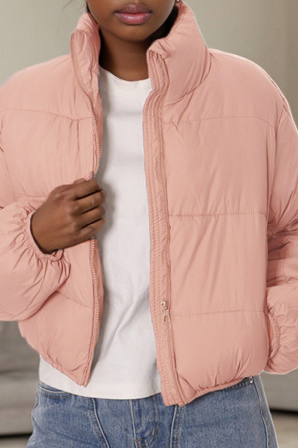 Pink Casual Solid Color Pocket Patchwork Zipper Zipper Collar Outerwear
