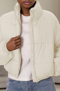White Casual Solid Color Pocket Patchwork Zipper Zipper Collar Outerwear