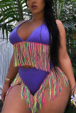 Purple Euramerican Patchwork Tassel Fringed Milk Fiber Two-piece Swimwear