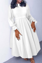 White Elegant Solid Color Patchwork Ruched O Neck A Line Plus Size Dresses