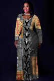 Light Blue Casual Faux Denim Print Basic O Neck Long Plus Size Dresses