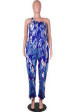 Red Sexy Print Tie-dye Without Belt Asymmetrical One Shoulder Loose Jumpsuits