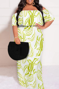 Light Green Sexy Street Floral Print Stripe Ruffle Contrast Off Shoulder Printed Plus Size Dresses