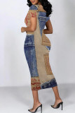 Blue Coffee Casual Street Faux Denim Print Contrast O Neck Printed Short Sleeve Dress