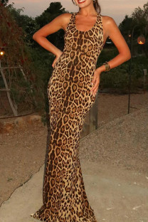 Leopard Print Elegant Leopard Print Patchwork Backless Halter Long Dresses