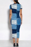 Royal Blue Casual Faux Denim Print Basic O Neck Short Sleeve Short Sleeve Dress