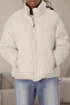 White Casual Solid Color Pocket Patchwork Zipper Zipper Collar Outerwear