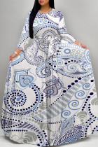 Baby Blue Elegant Geometric Print Flowers Lace Up Contrast O Neck Printed Dresses