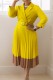 Yellow Casual Patchwork With Belt Contrast Turndown Collar Pleated Dresses