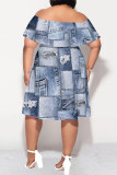 Blue Coffee Sexy Faux Denim Print Contrast Off Shoulder Printed Plus Size Dresses