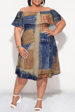 Blue Coffee Sexy Faux Denim Print Contrast Off Shoulder Printed Plus Size Dresses