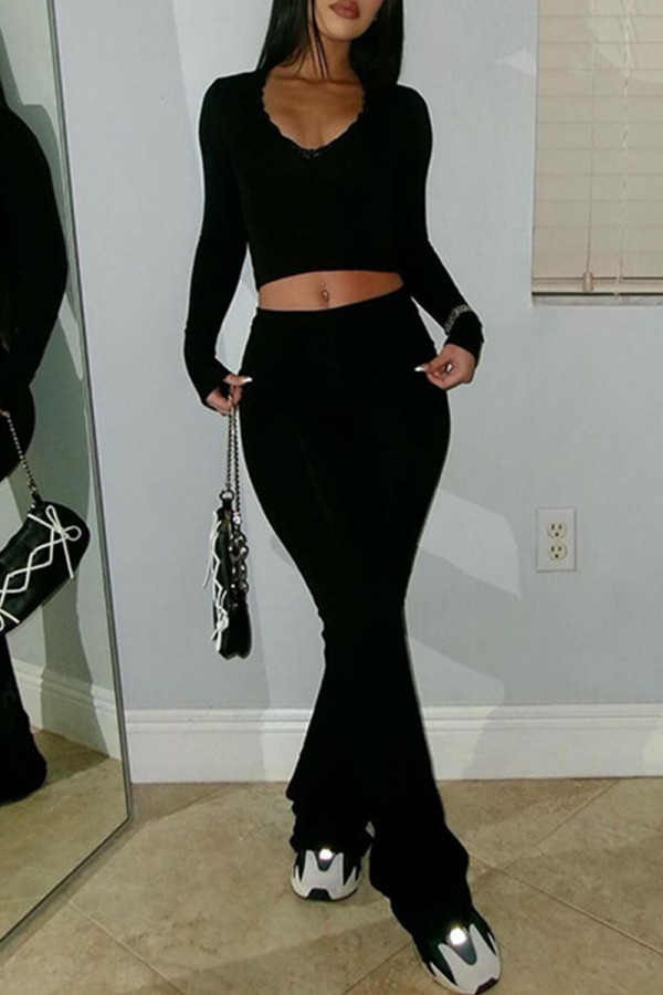 Black Casual Solid Color Patchwork V Neck Long Sleeve Two Pieces