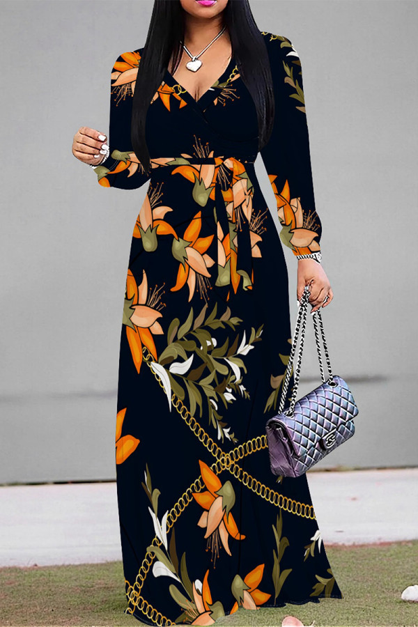 Black Casual Daily Geometric Print Lace Up Contrast V Neck Printed Dresses