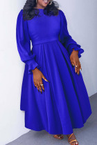 Blue Elegant Solid Color Patchwork Ruched O Neck A Line Plus Size Dresses