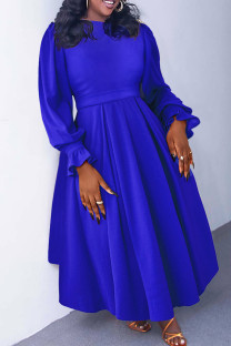 Blue Elegant Solid Color Patchwork Ruched O Neck A Line Plus Size Dresses